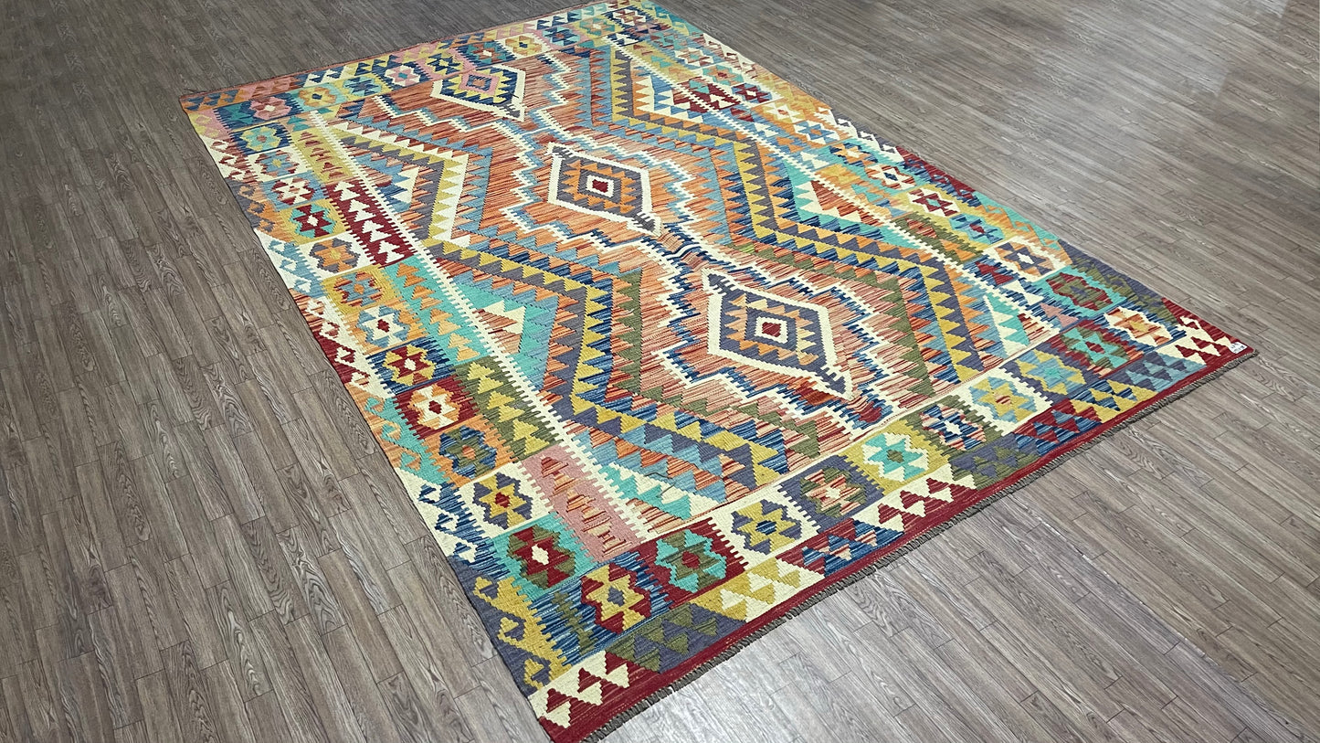 Colorful, Handwoven, Fine Afghan Maimana Kilim - Reversible Area Rug - 9’ 7’’ x 6’ 2’’