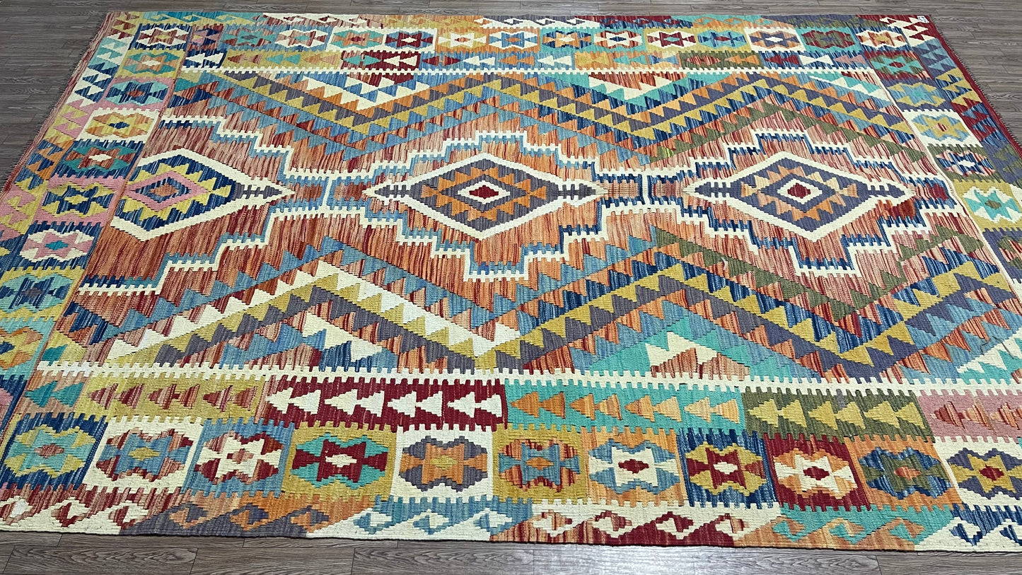 Colorful, Handwoven, Fine Afghan Maimana Kilim - Reversible Area Rug - 9’ 7’’ x 6’ 2’’