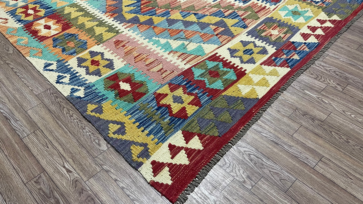 Colorful, Handwoven, Fine Afghan Maimana Kilim - Reversible Area Rug - 9’ 7’’ x 6’ 2’’