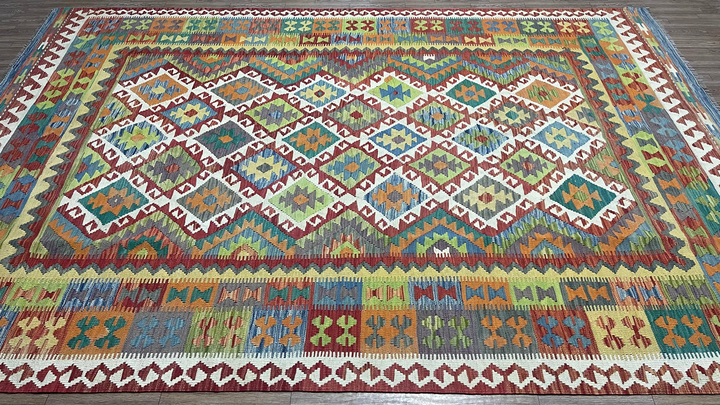 Colorful, Handwoven, Fine Afghan Maimana Kilim - Reversible Area Rug -10’ 0’’ x 6’ 8’’