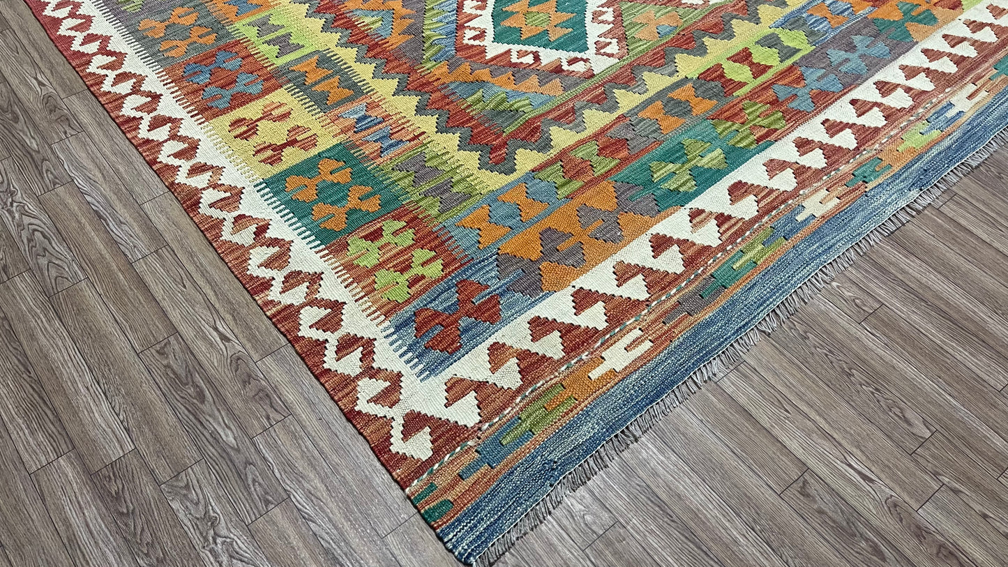 Colorful, Handwoven, Fine Afghan Maimana Kilim - Reversible Area Rug -10’ 0’’ x 6’ 8’’