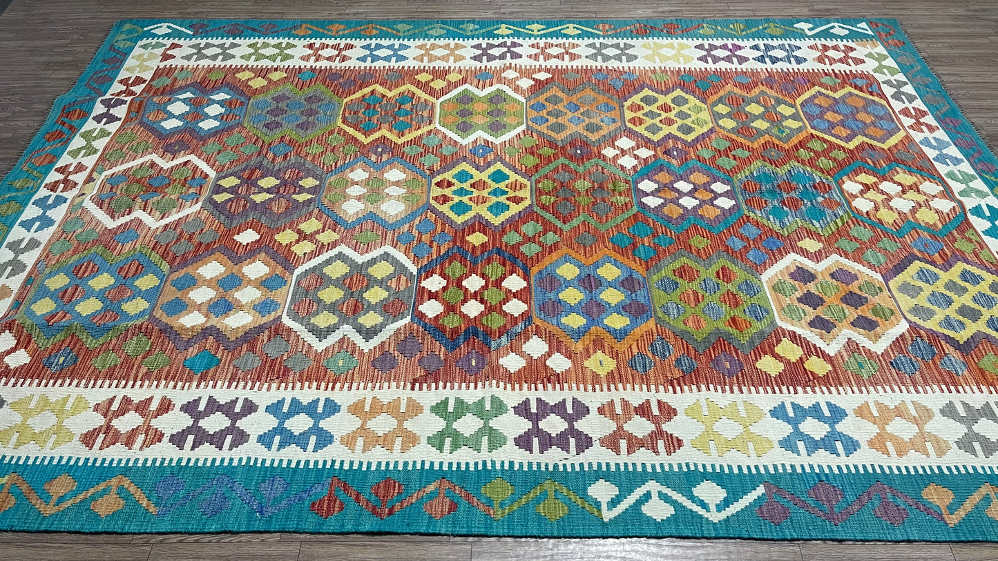 Colorful, Handwoven, Fine Afghan Maimana Kilim - Reversible Area Rug - 10’ 1’’ x 6’ 9’’