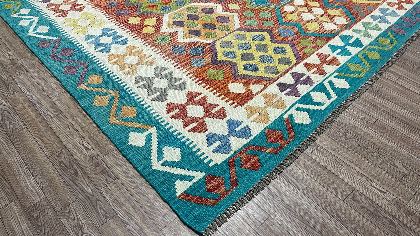 Colorful, Handwoven, Fine Afghan Maimana Kilim - Reversible Area Rug - 10’ 1’’ x 6’ 9’’