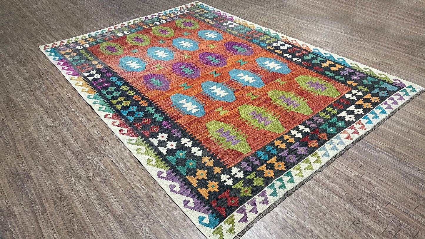 Colorful, Handwoven, Fine Afghan Maimana Kilim -Reversible Area Rug - 9’ 10’’ x 6’ 7’’