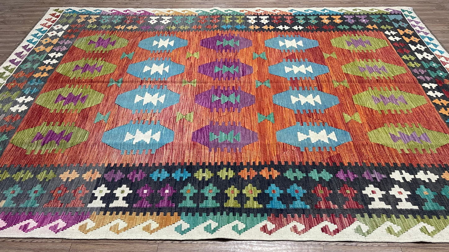 Colorful, Handwoven, Fine Afghan Maimana Kilim -Reversible Area Rug - 9’ 10’’ x 6’ 7’’