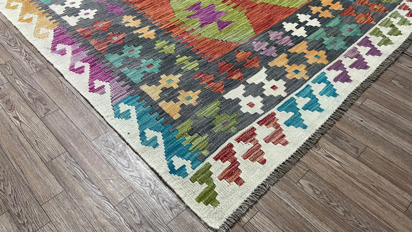 Colorful, Handwoven, Fine Afghan Maimana Kilim -Reversible Area Rug - 9’ 10’’ x 6’ 7’’