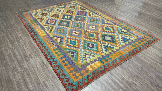 Colorful, Handwoven, Fine Afghan Maimana Kilim -Reversible Area Rug - 9’ 6’’ x 6’ 5’’