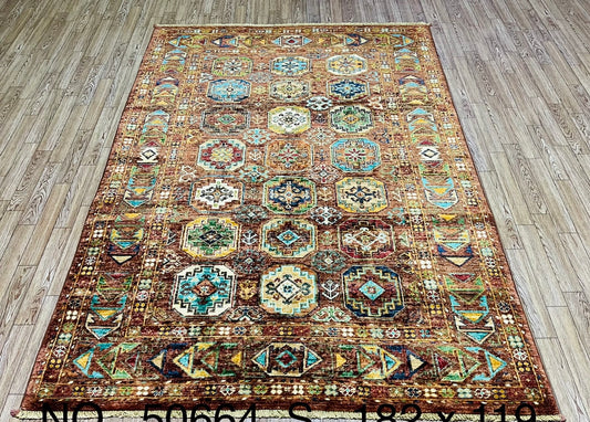 One of a kind, Pure Wool, Naturally Dyed, Hand Knotted, Fine Afghan Traditional Waziri Area Rug – 5’ 12’’ x 3’ 11’’