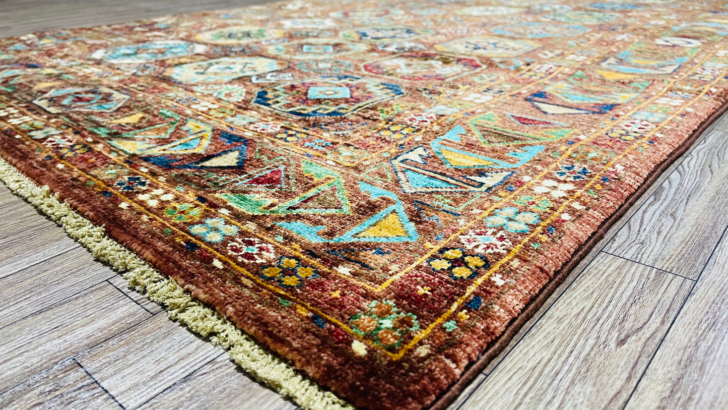 One of a kind, Pure Wool, Naturally Dyed, Hand Knotted, Fine Afghan Traditional Waziri Area Rug – 5’ 12’’ x 3’ 11’’