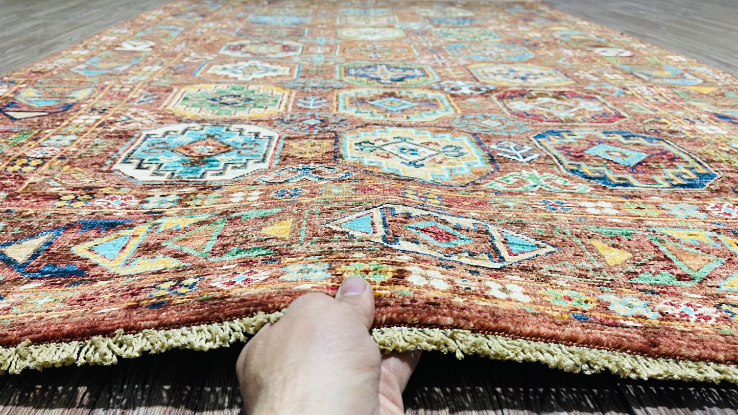 One of a kind, Pure Wool, Naturally Dyed, Hand Knotted, Fine Afghan Traditional Waziri Area Rug – 5’ 12’’ x 3’ 11’’