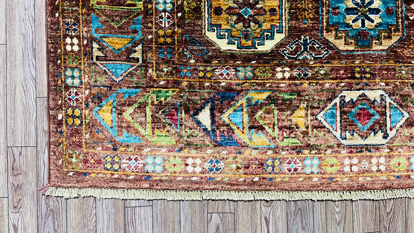 One of a kind, Pure Wool, Naturally Dyed, Hand Knotted, Fine Afghan Traditional Waziri Area Rug – 5’ 12’’ x 3’ 11’’