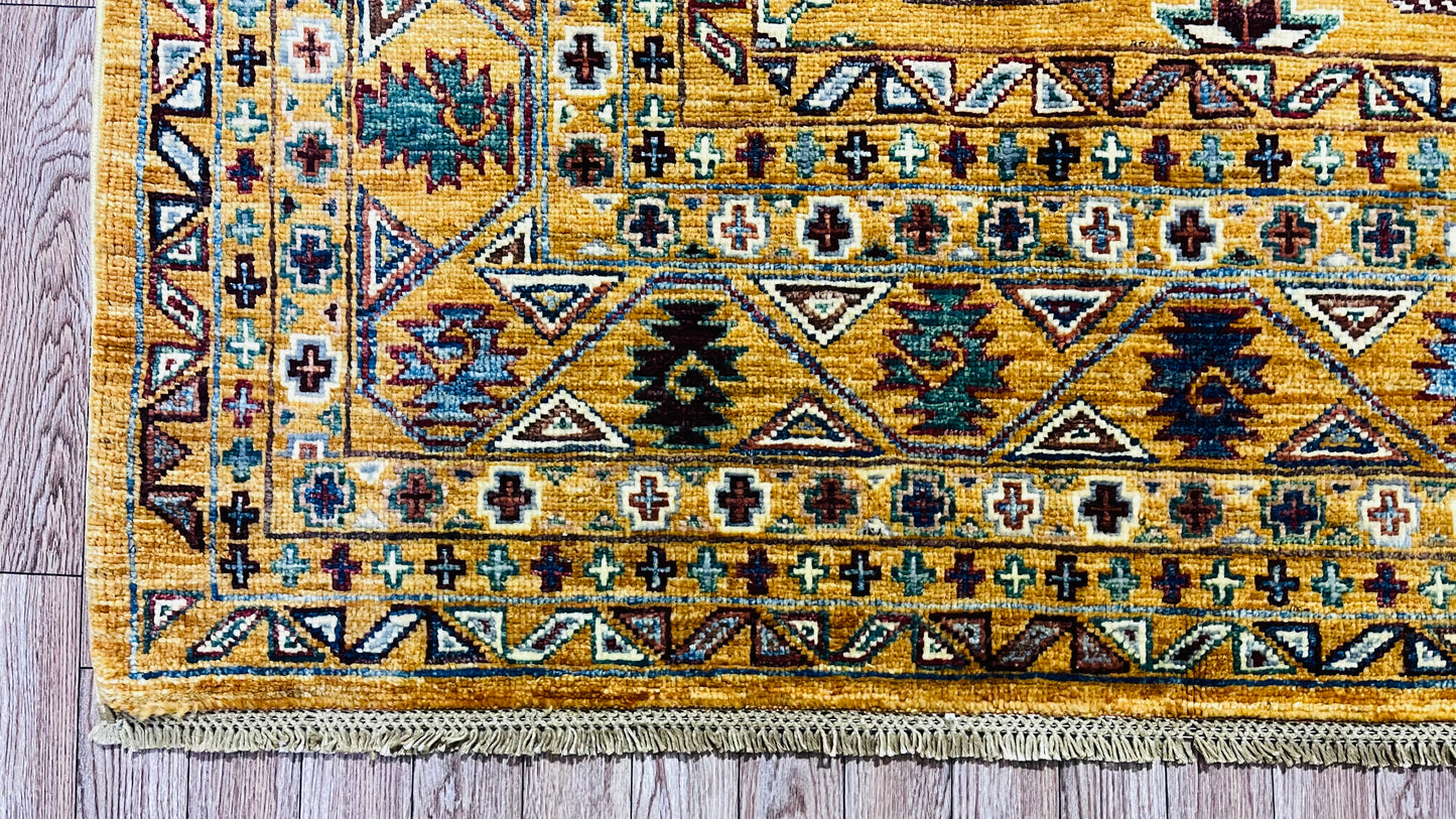 One of a Kind, Pure Wool, Naturally Dyed, Hand Knotted, Fine Afghan Traditional Feel Pai Area Rug – 7’ 12’’ x 5’ 7’’