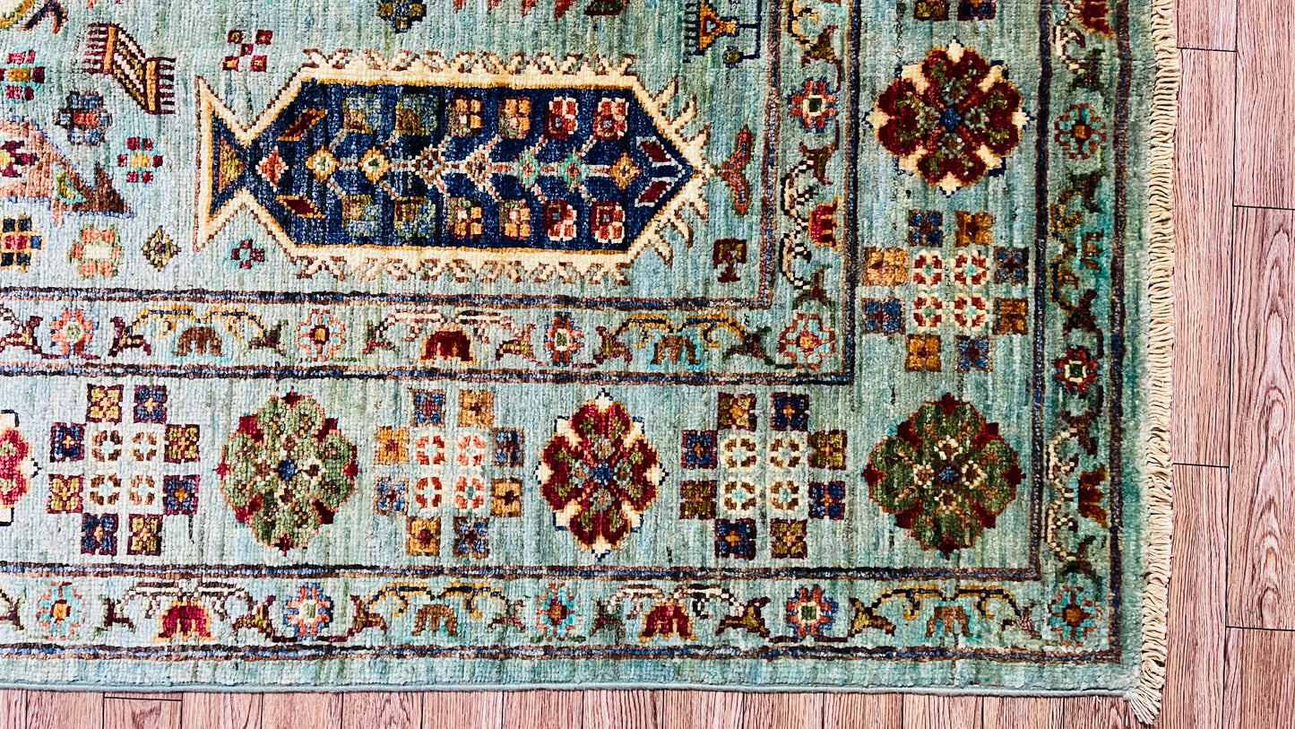 One of a Kind, Pure Wool, Naturally Dyed, Hand Knotted, Fine Afghan Traditional Waziri Area Rug - 8' 0'' x 5' 9''