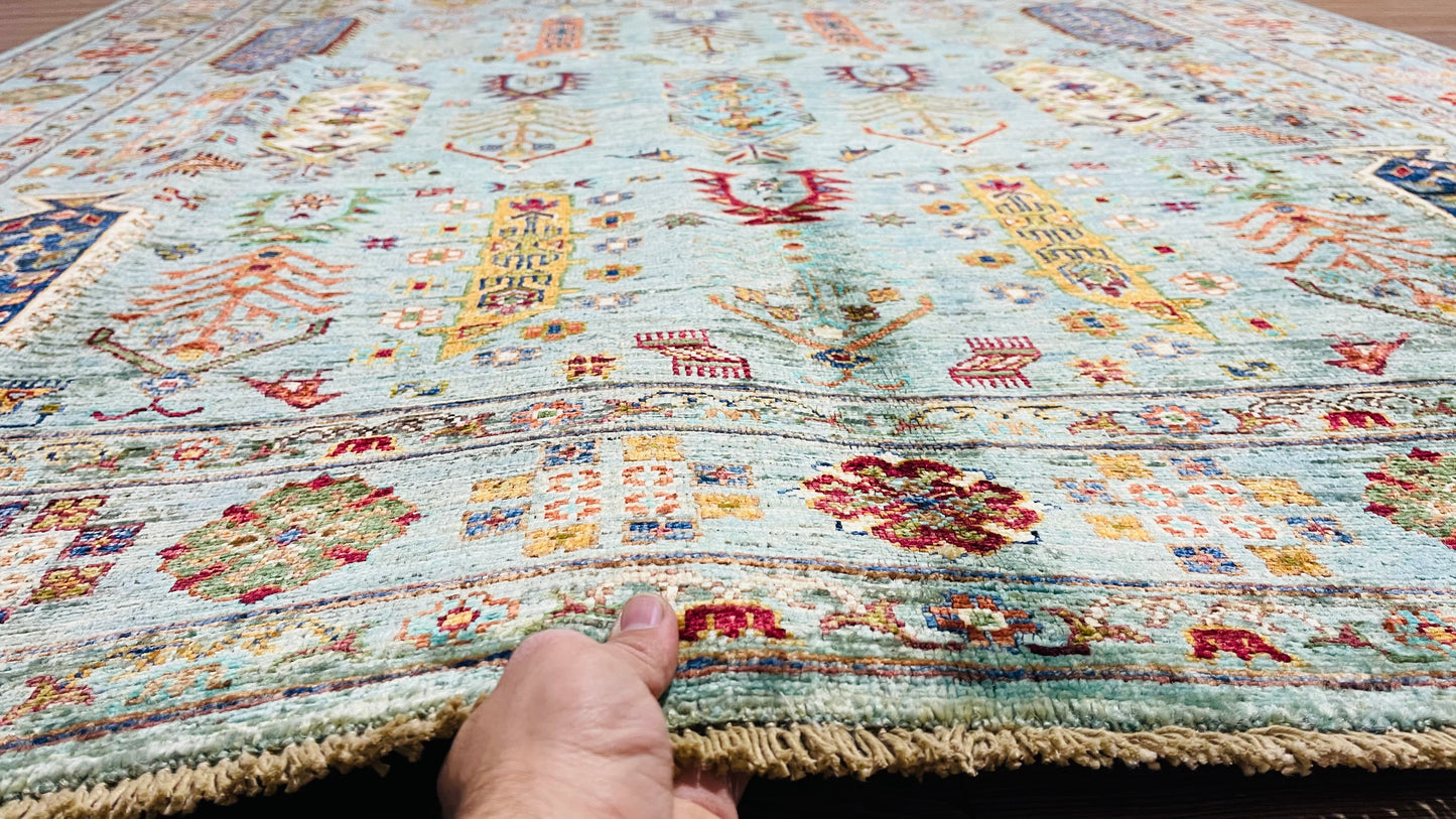 One of a Kind, Pure Wool, Naturally Dyed, Hand Knotted, Fine Afghan Traditional Waziri Area Rug - 8' 0'' x 5' 9''