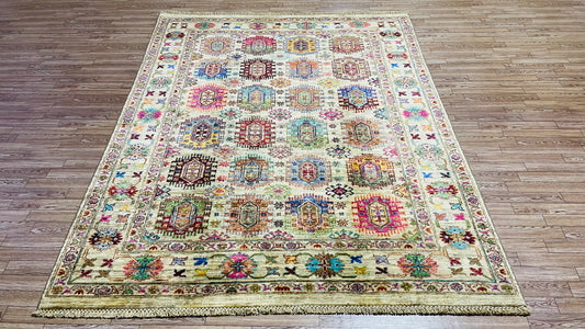 One of a Kind, Pure Wool, Naturally Dyed, Hand Knotted, Fine Afghan Traditional Waziri Area Rug – 6’ 4’’ x 4’ 11’’