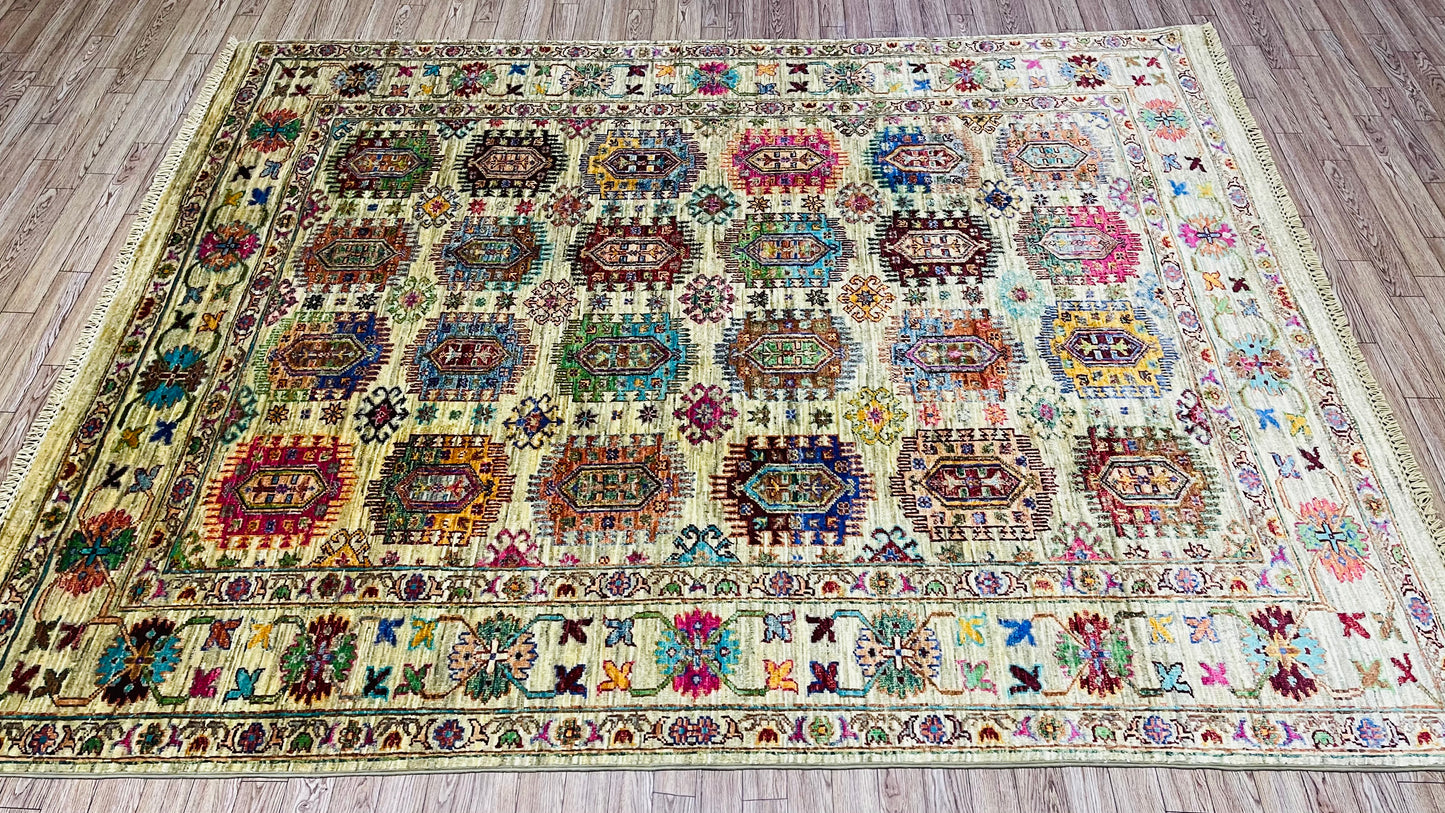 One of a Kind, Pure Wool, Naturally Dyed, Hand Knotted, Fine Afghan Traditional Waziri Area Rug – 6’ 4’’ x 4’ 11’’