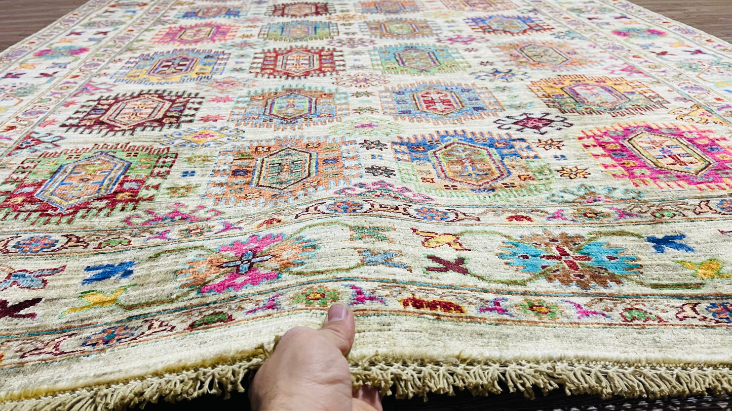 One of a Kind, Pure Wool, Naturally Dyed, Hand Knotted, Fine Afghan Traditional Waziri Area Rug – 6’ 4’’ x 4’ 11’’