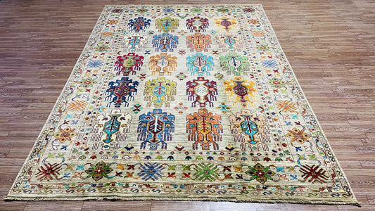 One of a Kind, Pure Wool, Naturally Dyed, Hand Knotted, Fine Afghan Traditional Waziri Area Rug – 8’ 2’’ x 5’ 10’’