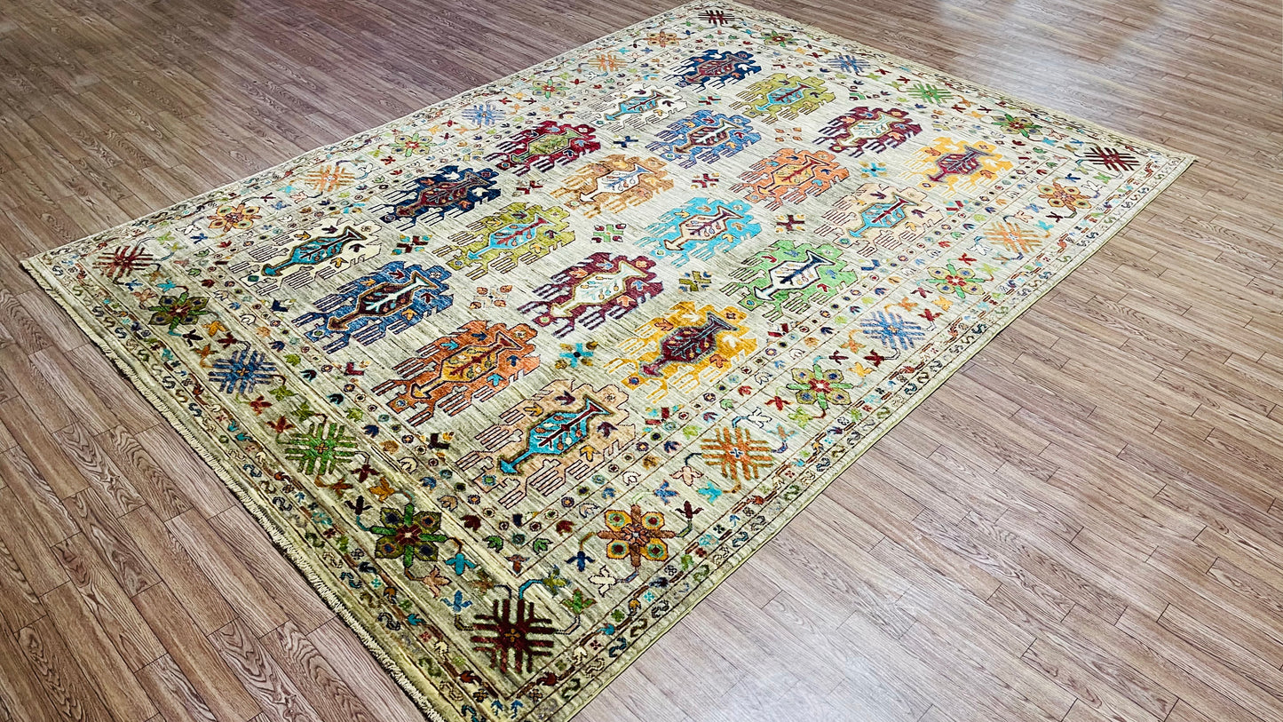 One of a Kind, Pure Wool, Naturally Dyed, Hand Knotted, Fine Afghan Traditional Waziri Area Rug – 8’ 2’’ x 5’ 10’’