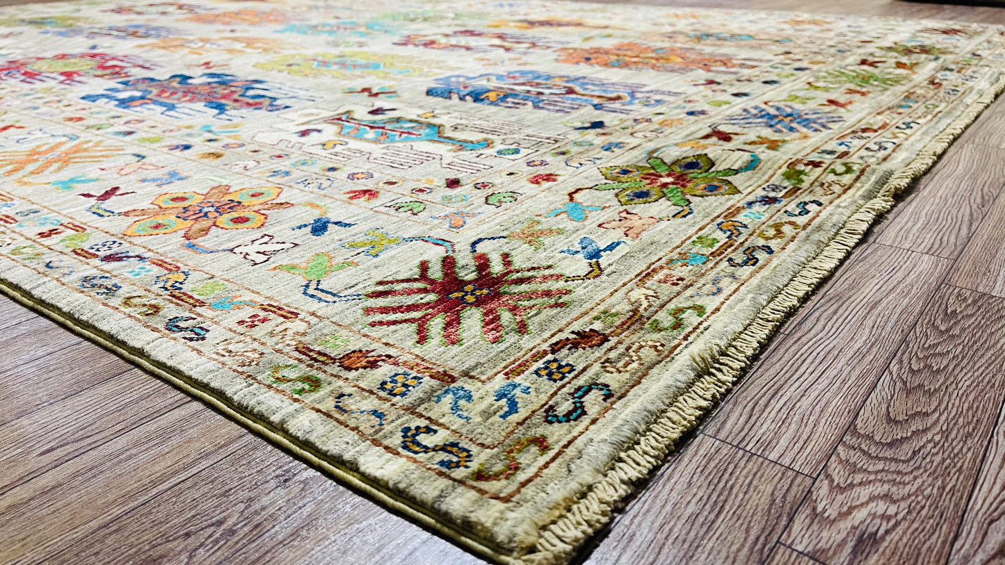 One of a Kind, Pure Wool, Naturally Dyed, Hand Knotted, Fine Afghan Traditional Waziri Area Rug – 8’ 2’’ x 5’ 10’’