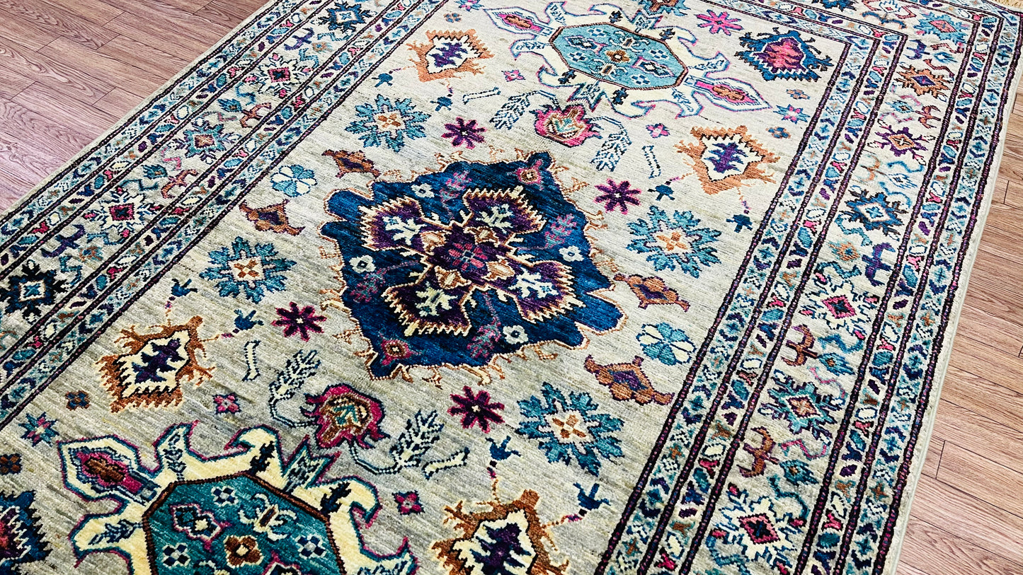 One of a Kind, Pure Wool, Naturally Dyed, Hand Knotted, Fine Afghan Super Kazak Area Rug – 6’ 0’’ x 3’ 10’’