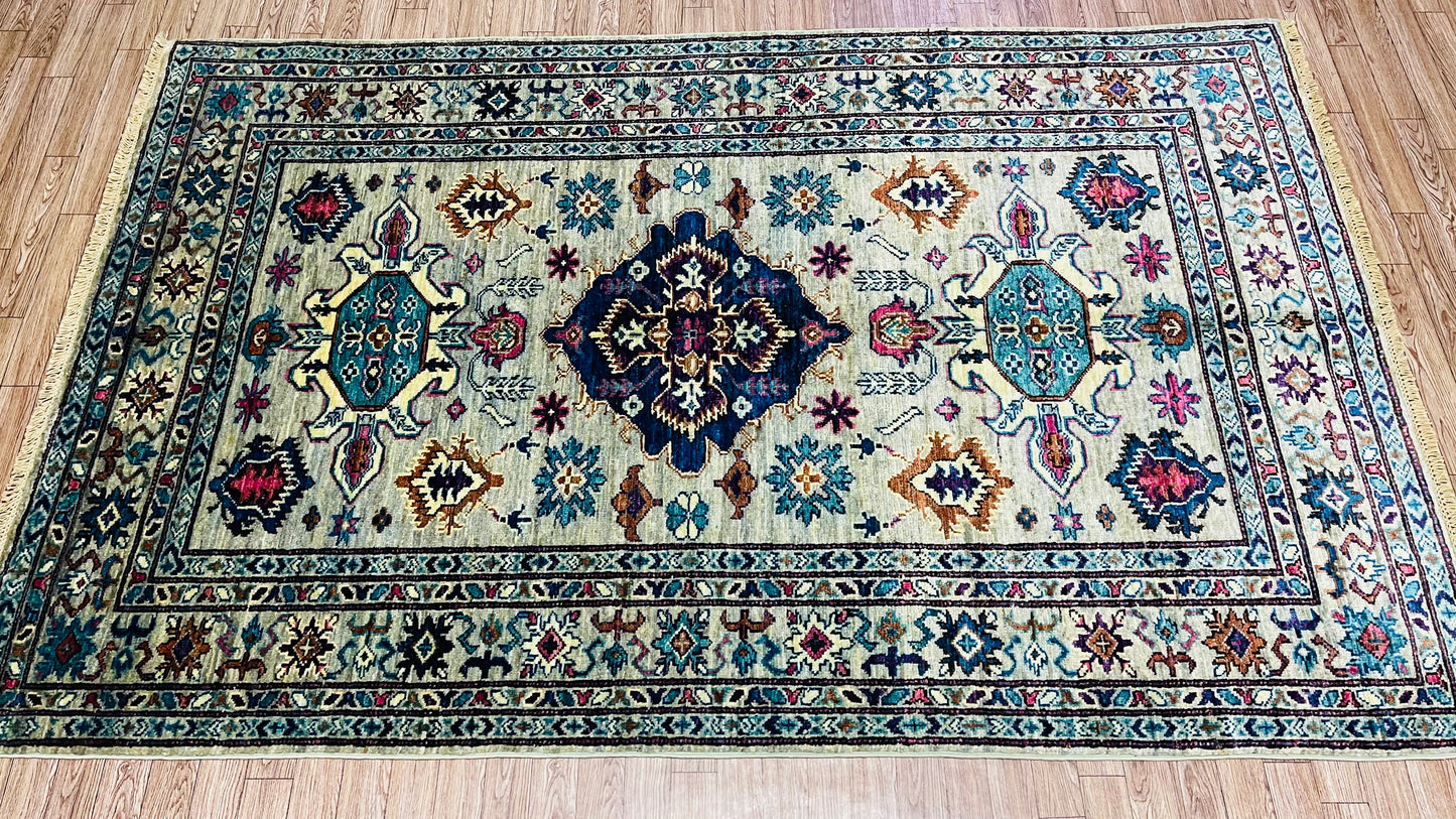 One of a Kind, Pure Wool, Naturally Dyed, Hand Knotted, Fine Afghan Traditional Super Kazak Area Rug – 5’ 11’’ x 3’ 10’’