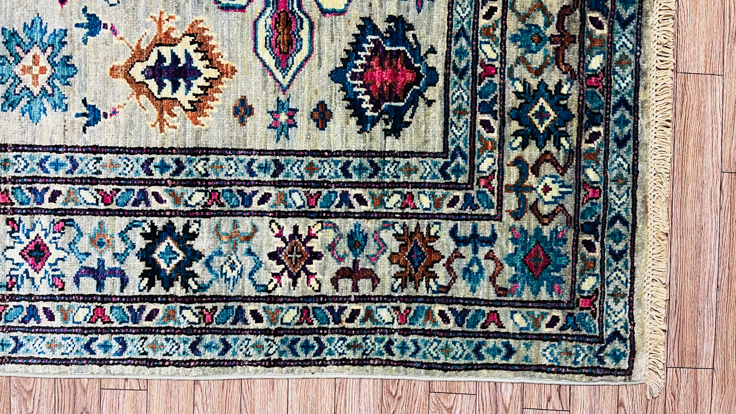 One of a Kind, Pure Wool, Naturally Dyed, Hand Knotted, Fine Afghan Traditional Super Kazak Area Rug – 5’ 11’’ x 3’ 10’’