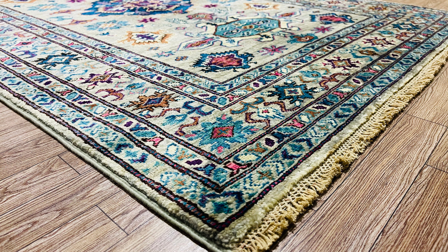 One of a Kind, Pure Wool, Naturally Dyed, Hand Knotted, Fine Afghan Super Kazak Area Rug – 6’ 0’’ x 3’ 10’’