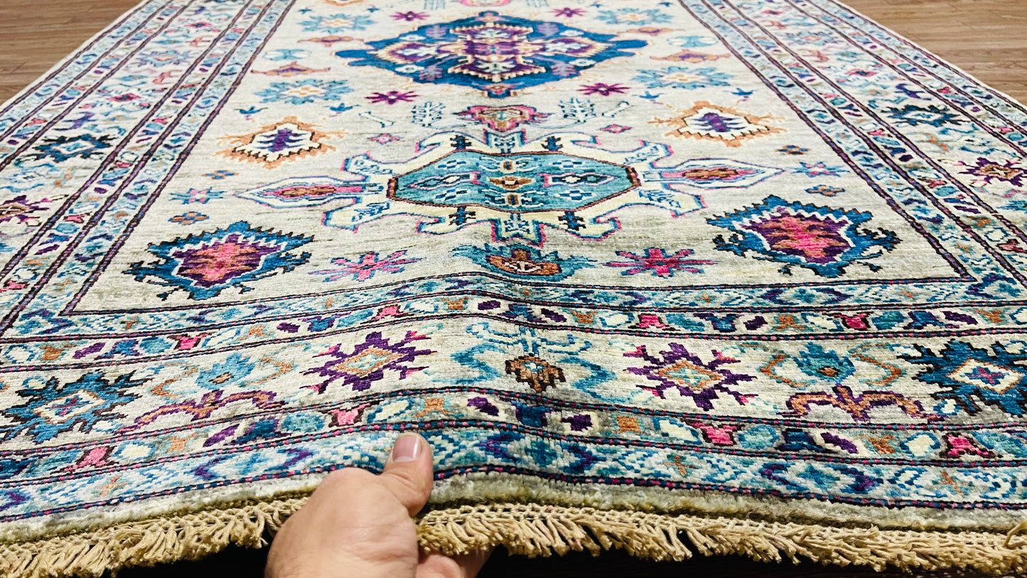 One of a Kind, Pure Wool, Naturally Dyed, Hand Knotted, Fine Afghan Traditional Super Kazak Area Rug – 5’ 11’’ x 3’ 10’’