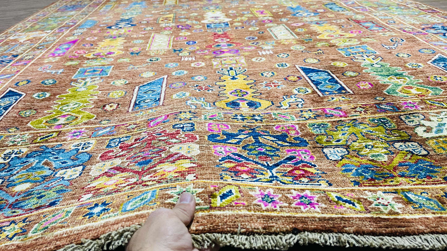 One of a kind, Pure Wool, Naturally Dyed, Hand Knotted, Fine Afghan Traditional Waziri Area Rug – 8’ 1’’ x 5’ 9’’