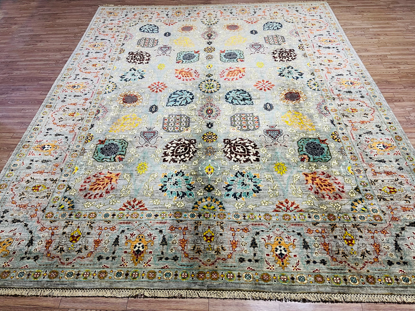 One of a kind, Pure Wool, Naturally Dyed, Hand Knotted, Fine Afghan Traditional Tabriz Area Rug – 9’ 12’’ x 8’ 1’’