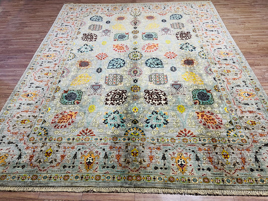 One of a kind, Pure Wool, Naturally Dyed, Hand Knotted, Fine Afghan Traditional Tabriz Area Rug – 9’ 12’’ x 8’ 1’’