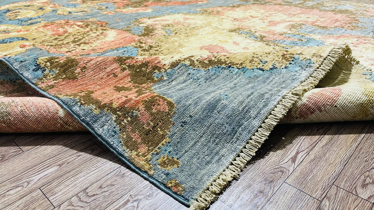 Colorful, Pure Wool, Hand Knotted, Afghan Modern Abshar Rug - 9’ 6’’ x 6’ 7’’