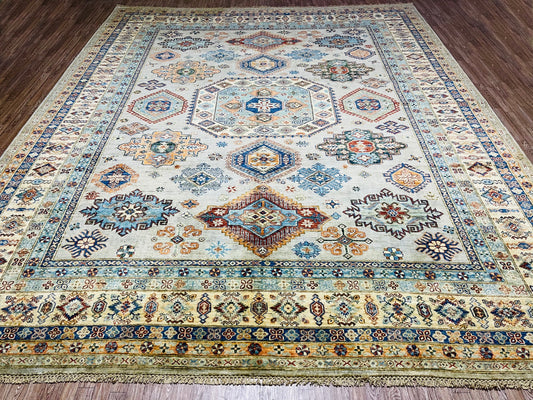 One of a Kind, Pure Wool, Naturally Dyed, Hand Knotted, Fine Afghan Traditional Super Kazak Area Rug – 10’ 11’’ x 9’ 1’’