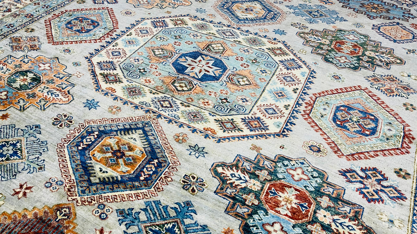 One of a Kind, Pure Wool, Naturally Dyed, Hand Knotted, Fine Afghan Traditional Super Kazak Area Rug – 10’ 11’’ x 9’ 1’’