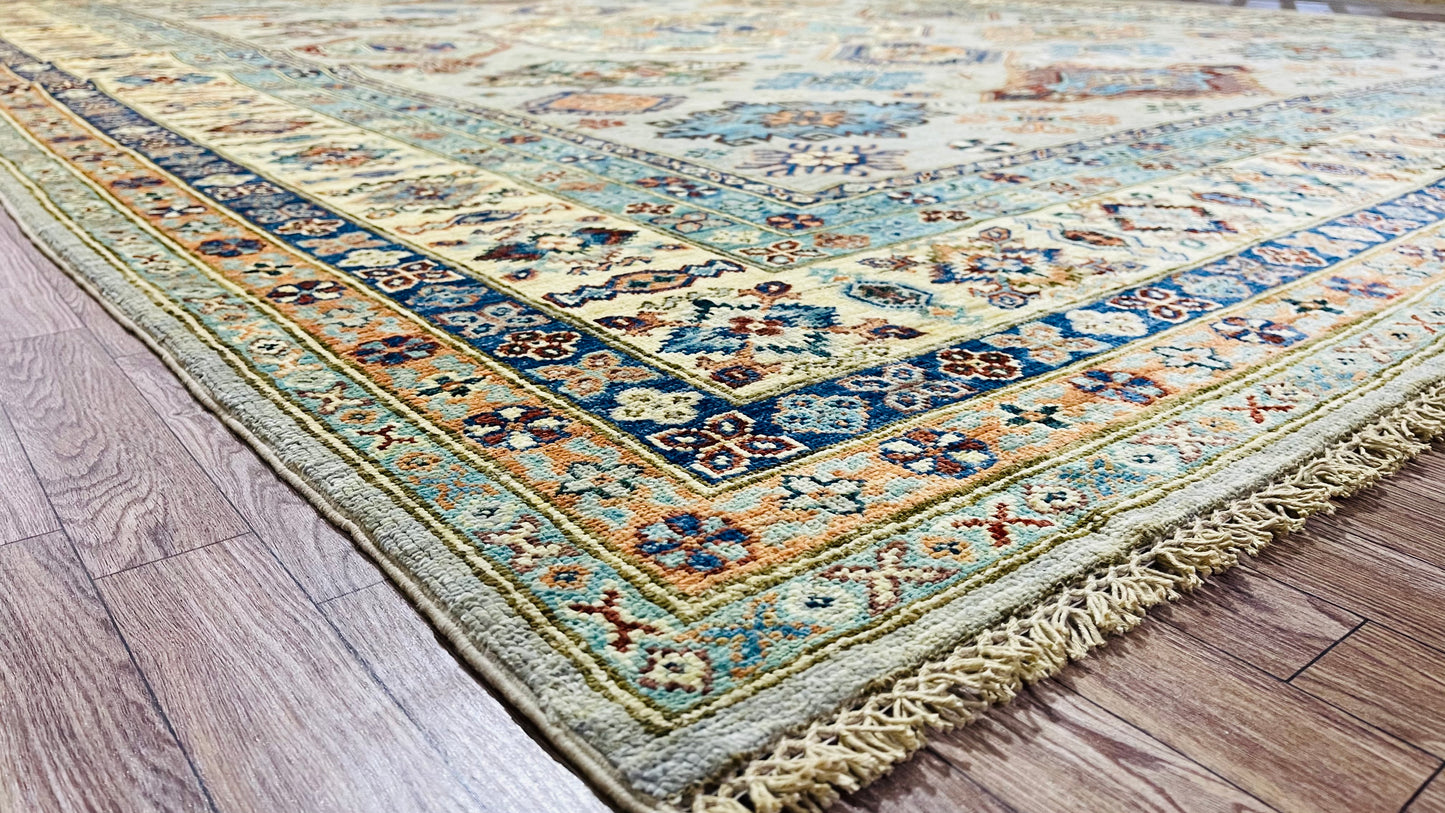 One of a Kind, Pure Wool, Naturally Dyed, Hand Knotted, Fine Afghan Traditional Super Kazak Area Rug – 10’ 11’’ x 9’ 1’’