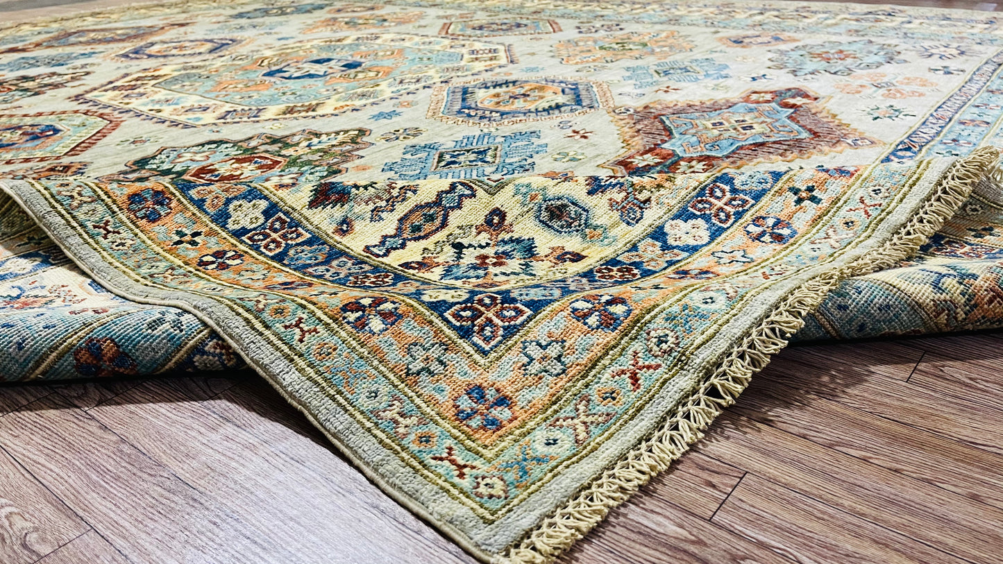 One of a Kind, Pure Wool, Naturally Dyed, Hand Knotted, Fine Afghan Traditional Super Kazak Area Rug – 10’ 11’’ x 9’ 1’’