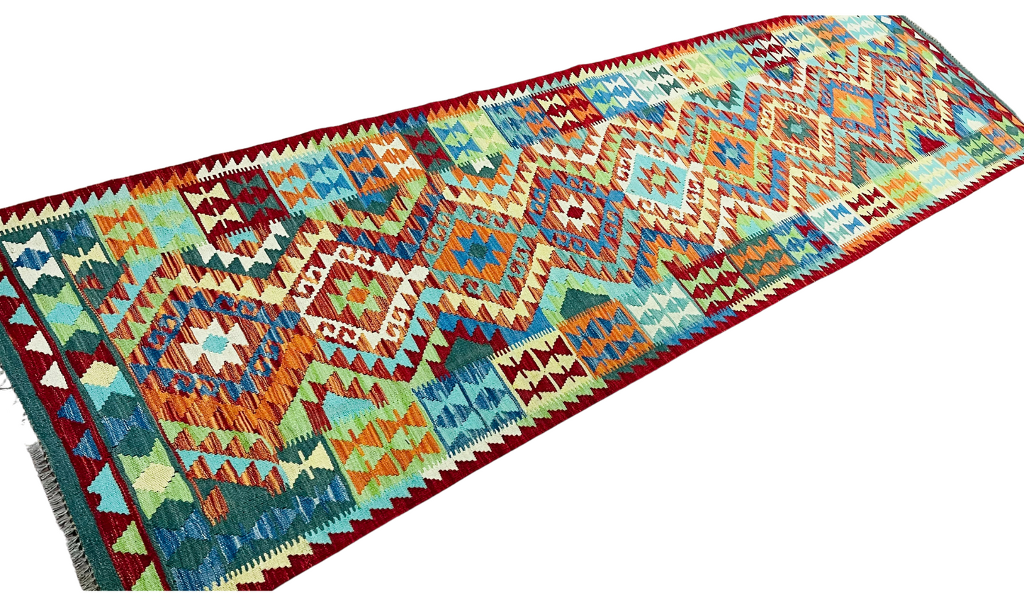 Colorful, Handwoven, Fine Afghan Maimana Kilim - Reversible Runner Rug - 9’ 10’’ x 2’ 9’’