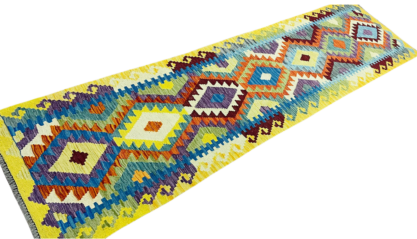 Colorful, Handwoven, Fine Afghan Maimana Kilim - Reversible Runner Rug - 9’ 9’’ x 2’ 6’’