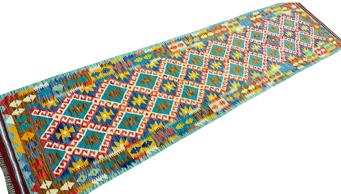 Colorful, Handwoven, Fine Afghan Maimana Kilim - Reversible Runner Rug - 9’ 10’’ x 2’ 5’’