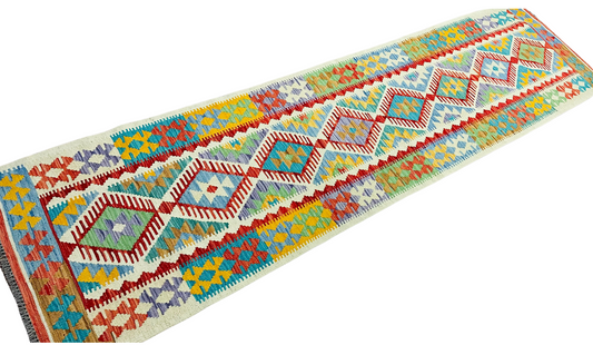 Colorful, Handwoven, Fine Afghan Maimana Kilim - Reversible Runner Rug - 9’ 8’’ x 2’ 6’’