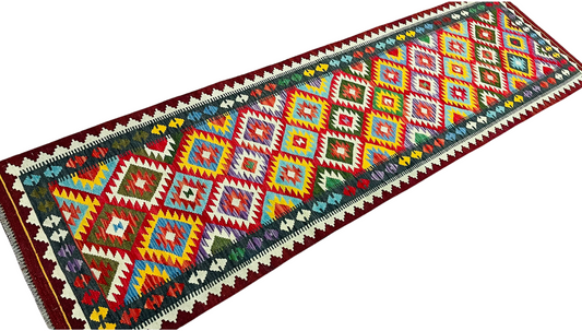 Colorful, Handwoven, Fine Afghan Maimana Kilim - Reversible Runner Rug - 9’ 9’’ x 2’ 9’’