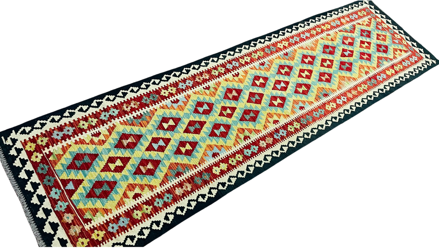 Colorful, Handwoven, Fine Afghan Maimana Kilim - Reversible Runner Rug - 9’ 9’’ x 2’ 9’’