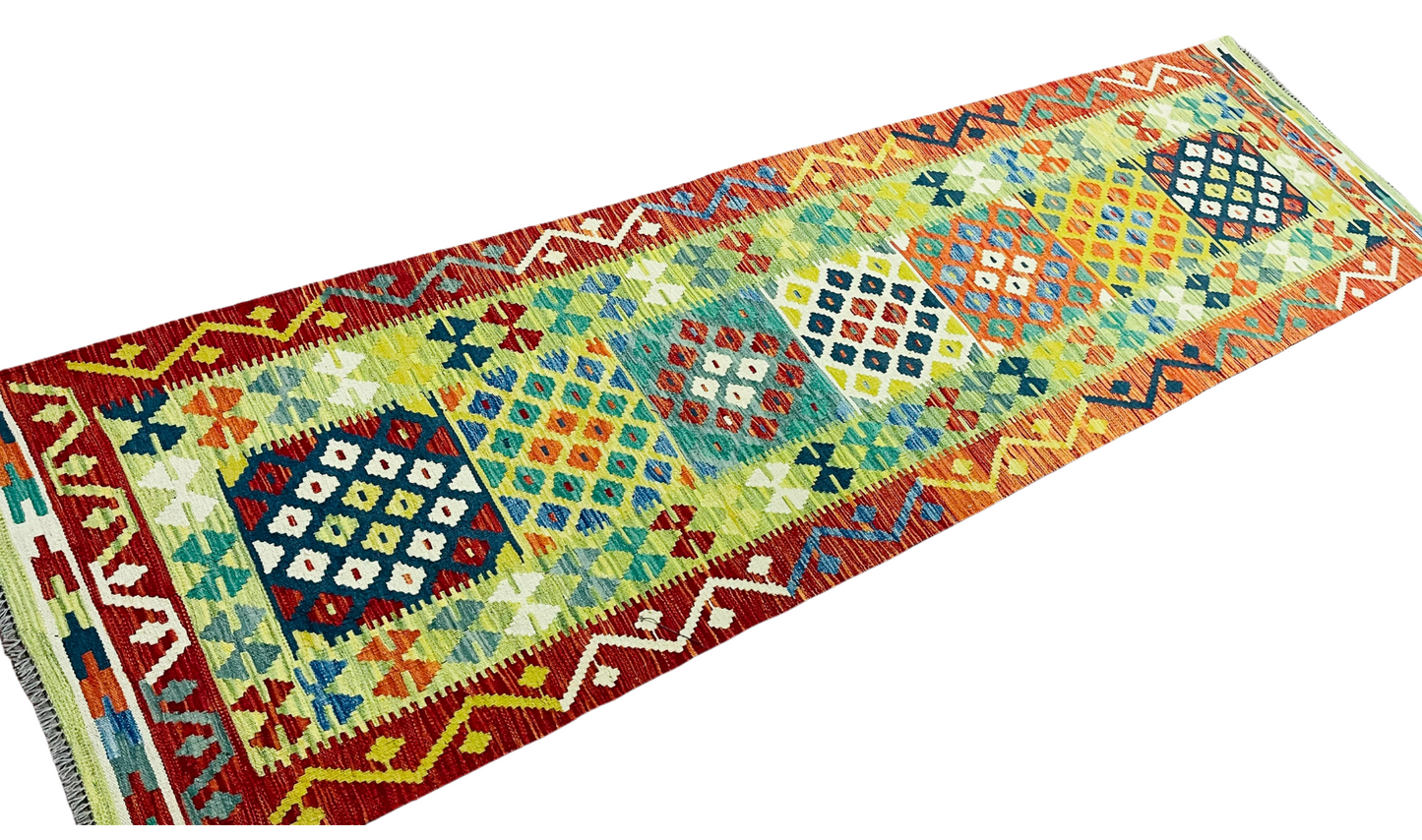 Colorful, Handwoven, Fine Afghan Maimana Kilim - Reversible Runner Rug - 9’ 11’’ x 2’ 9’’