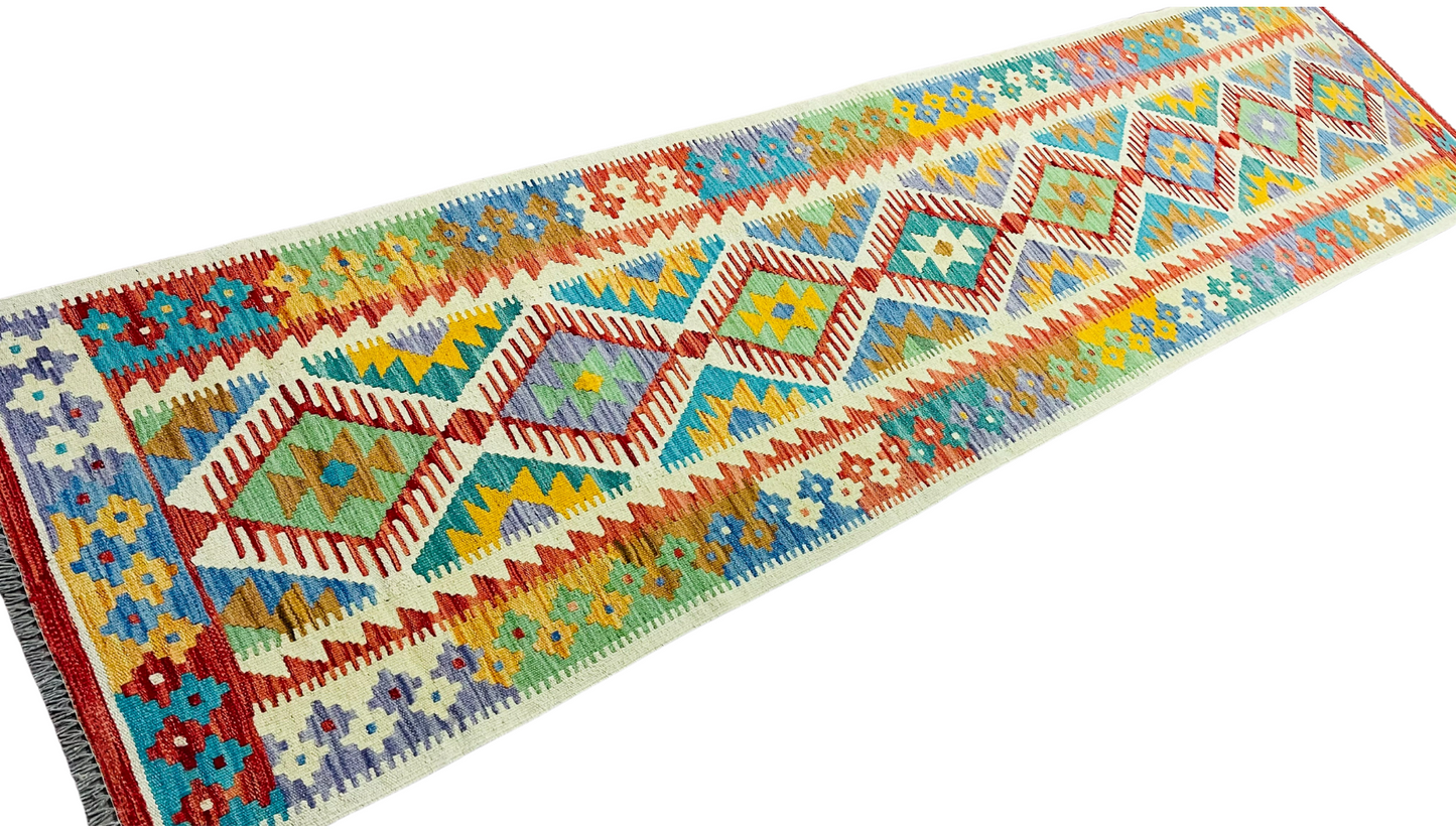 Colorful, Handwoven, Fine Afghan Maimana Kilim - Reversible Runner Rug - 9’ 8’’ x 2’ 5’’