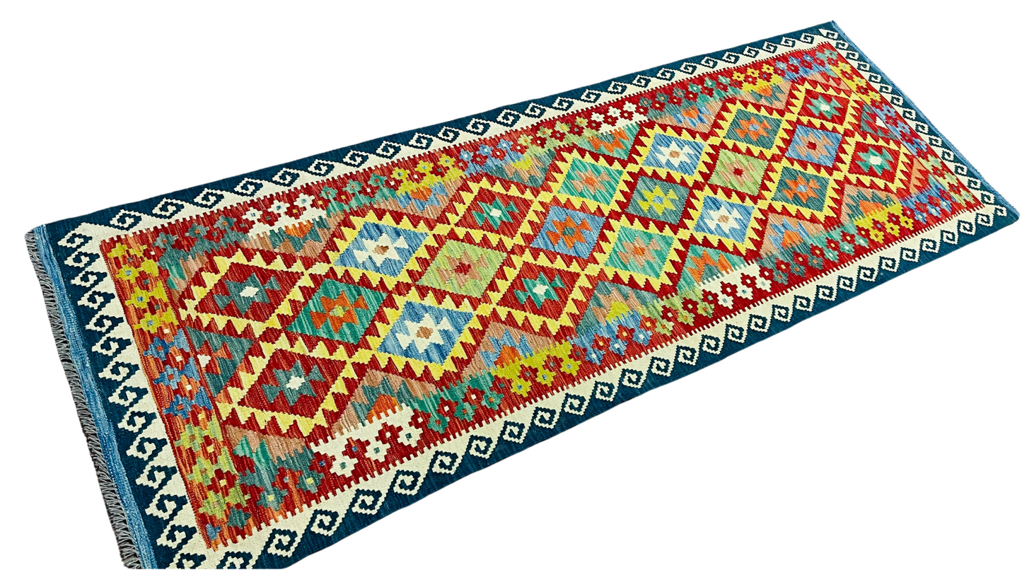 Colorful, Handwoven, Fine Afghan Maimana Kilim - Reversible Runner Rug - 8’ 0’’ x 2’ 10’’