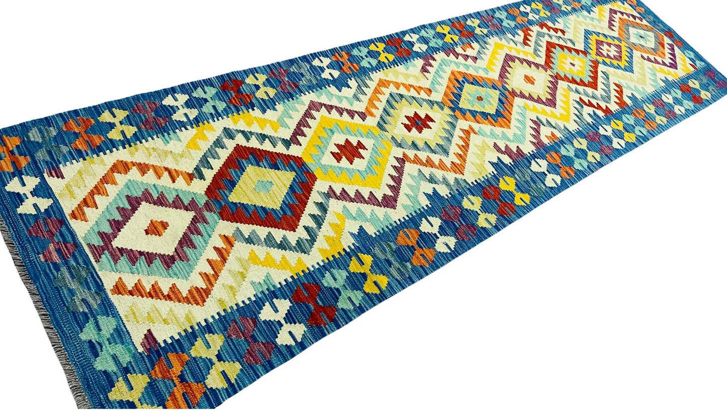 Colorful, Handwoven, Fine Afghan Maimana Kilim - Reversible Runner Rug - 9’ 8’’ x 2’ 9’’