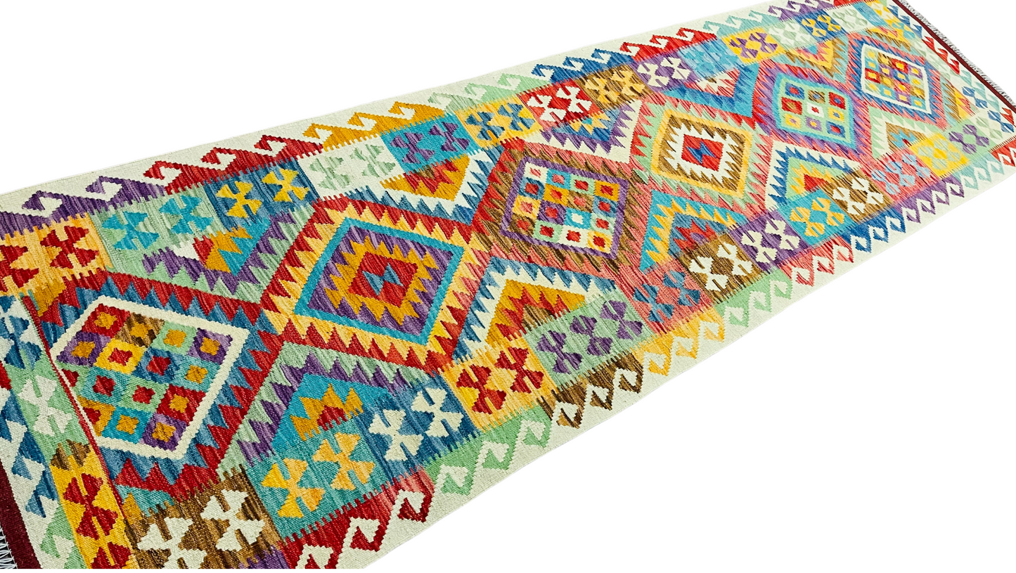 Colorful, Handwoven, Fine Afghan Maimana Kilim - Reversible Runner Rug - 9’ 7’’ x 2’ 9’’