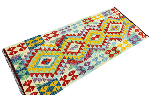 Colorful, Handwoven, Fine Afghan Maimana Kilim - Reversible Runner Rug - 6’ 4’’ x 2’ 6’’