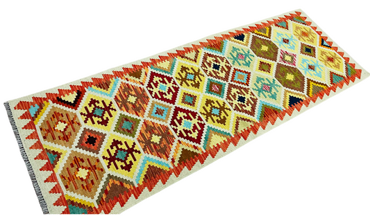 Colorful, Handwoven, Fine Afghan Maimana Kilim - Reversible Runner Rug - 6’ 11’’ x 2’ 5’’